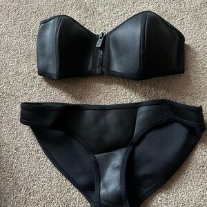 Like new Strapless Black faux leather Bikini Set - Front Zip Top